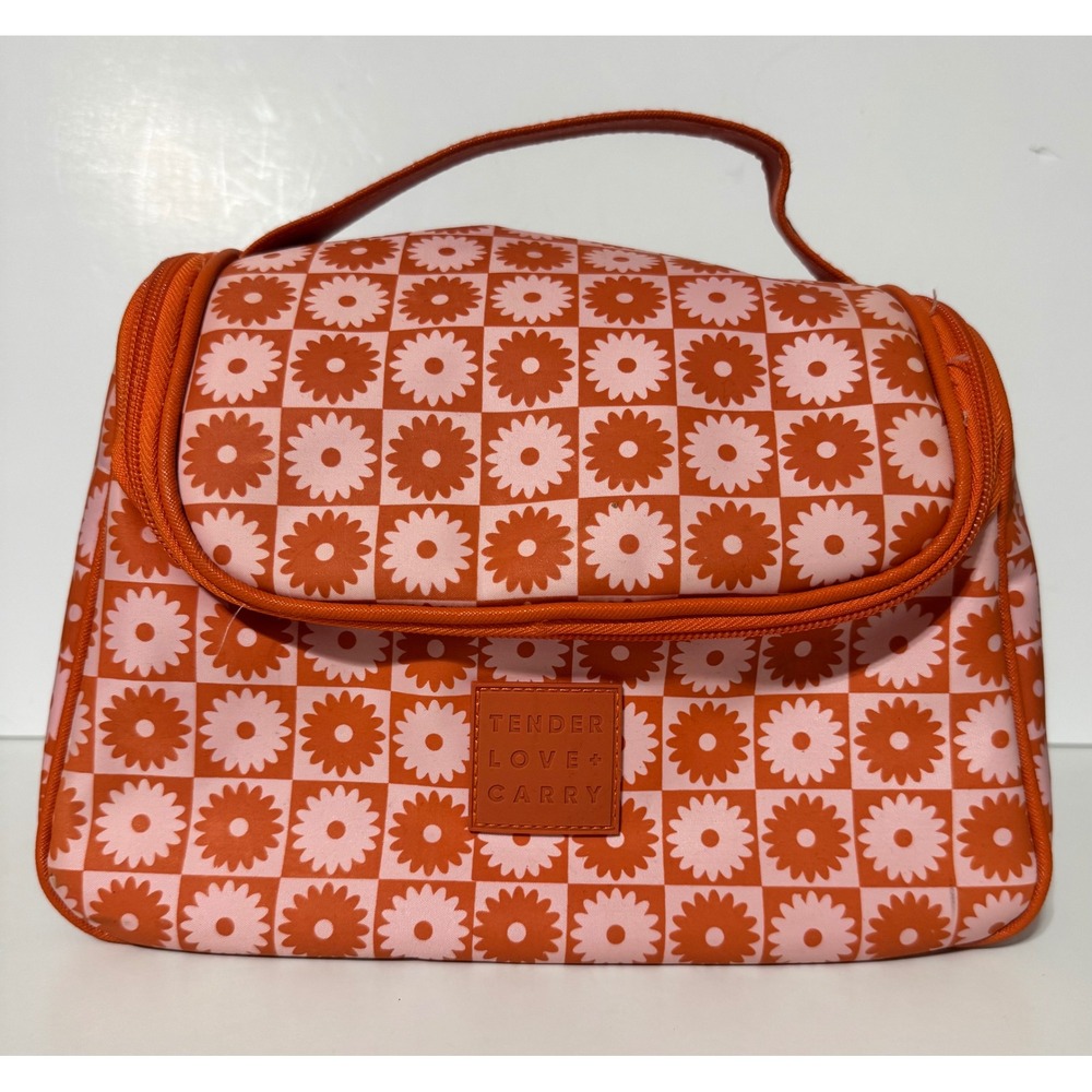 Tender Love + Carry Cosmetic Bag Orange Pink Checkered Daisy Floral Travel Case
